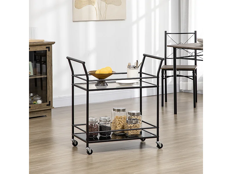 Carrello da cucina mobile a 2 ripiani, struttura in metallo nero, piano in vetro temperato, ruote con freno (75x40x80cm)