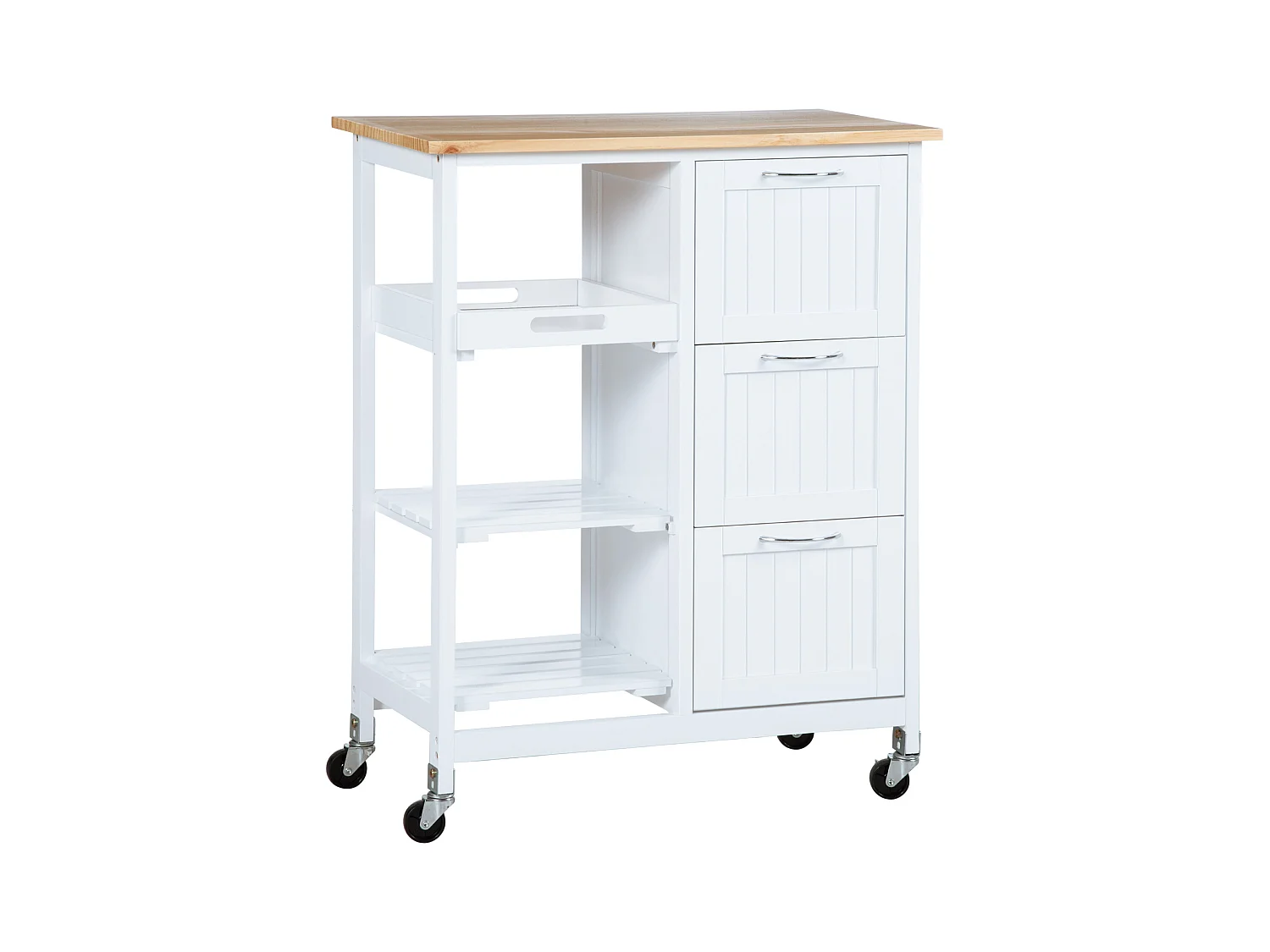 Carrito de cocina con ruedas con 3 cajones, 3 estantes, tablero de madera, MDF blanco (67x37x84cm)