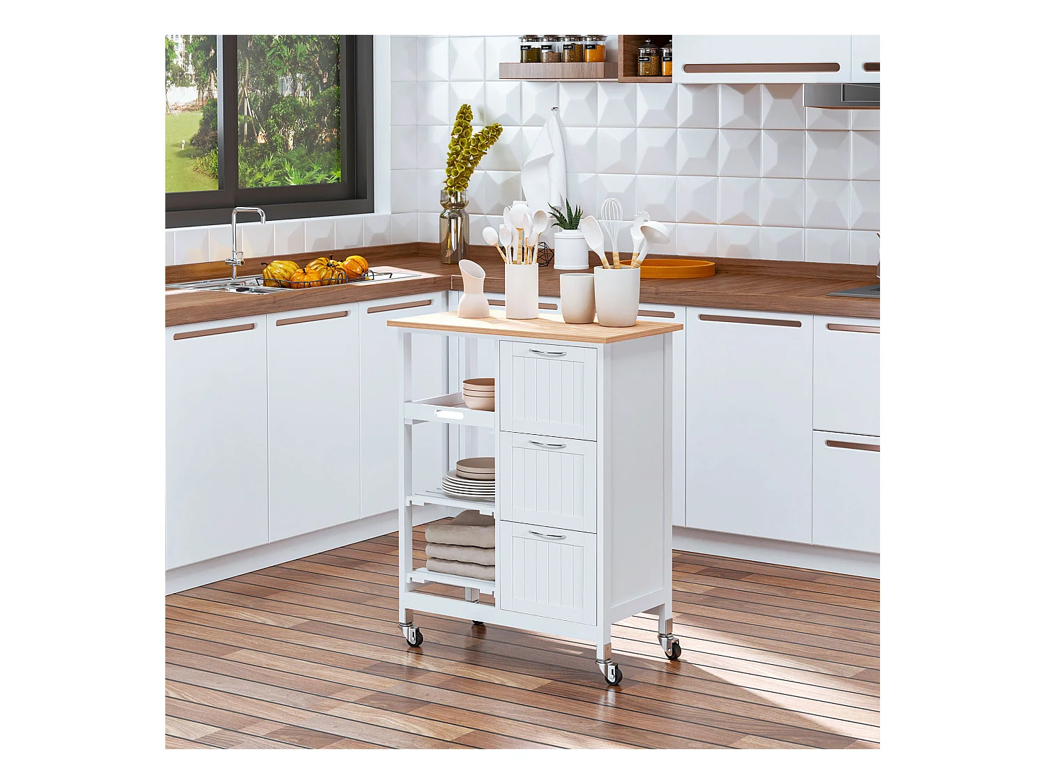 Carrito de cocina con ruedas con 3 cajones, 3 estantes, tablero de madera, MDF blanco (67x37x84cm)