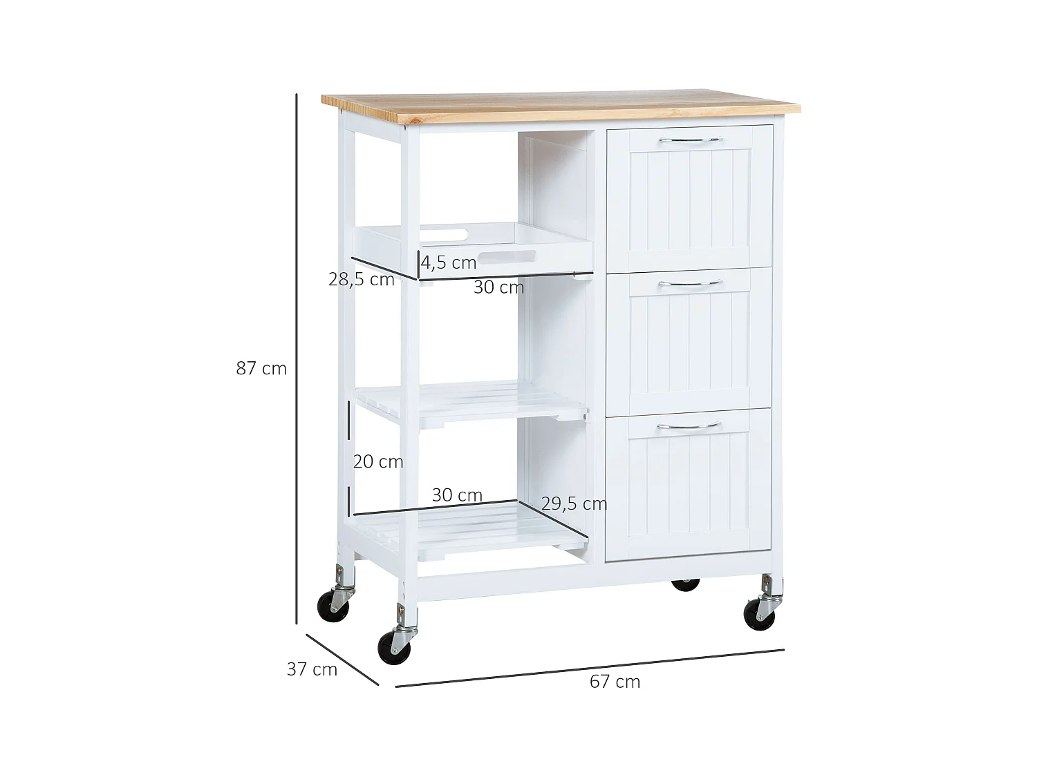 Carrito de cocina con ruedas con 3 cajones, 3 estantes, tablero de madera, MDF blanco (67x37x84cm)