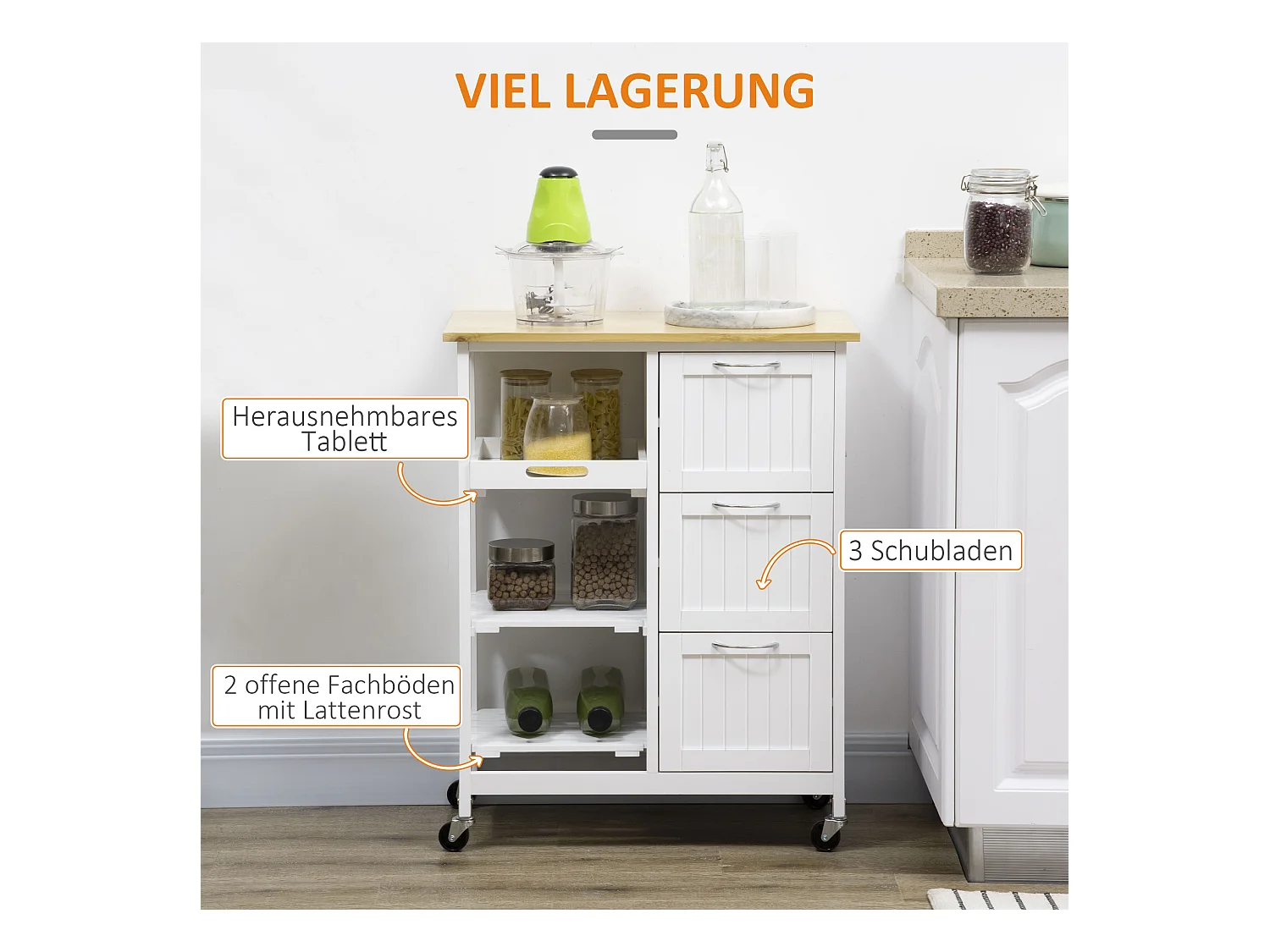 Carrito de cocina con ruedas con 3 cajones, 3 estantes, tablero de madera, MDF blanco (67x37x84cm)