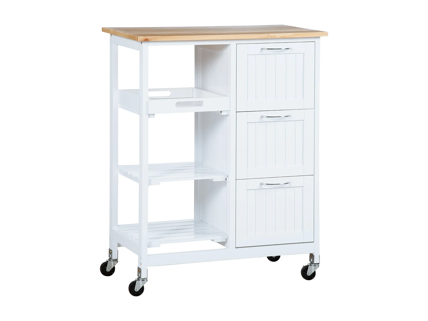 Desserte de cuisine à roulettes avec 3 tiroirs, 3 étagères, plateau bois, MDF blanc (67x37x84cm)