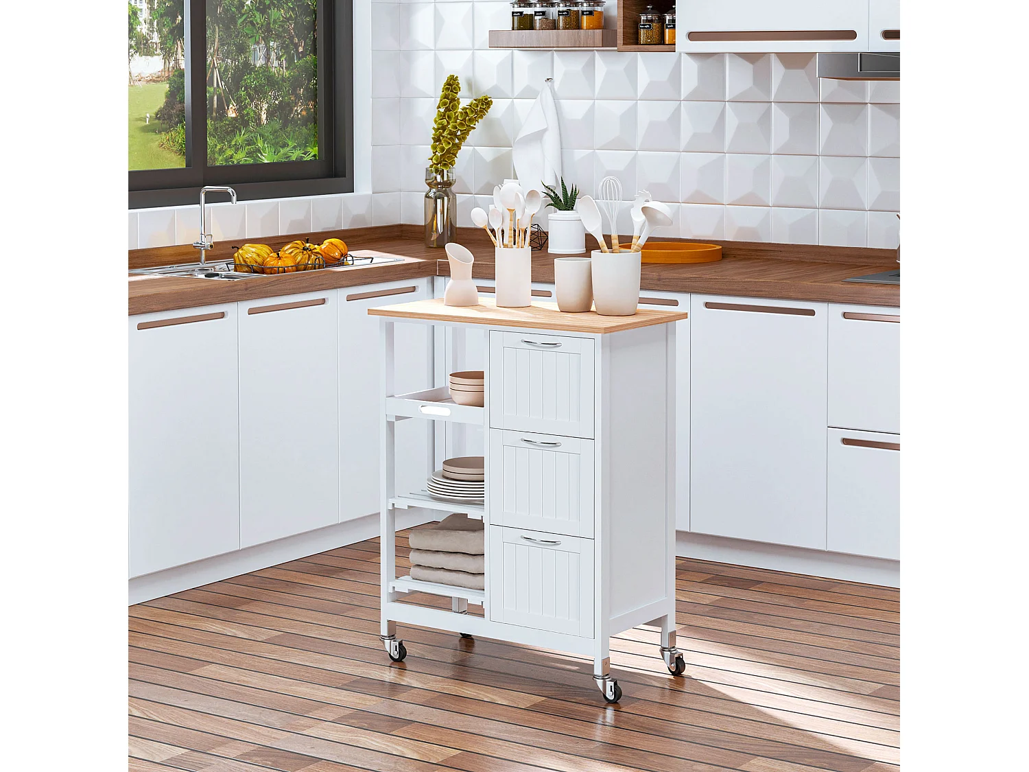 Desserte de cuisine à roulettes avec 3 tiroirs, 3 étagères, plateau bois, MDF blanc (67x37x84cm)