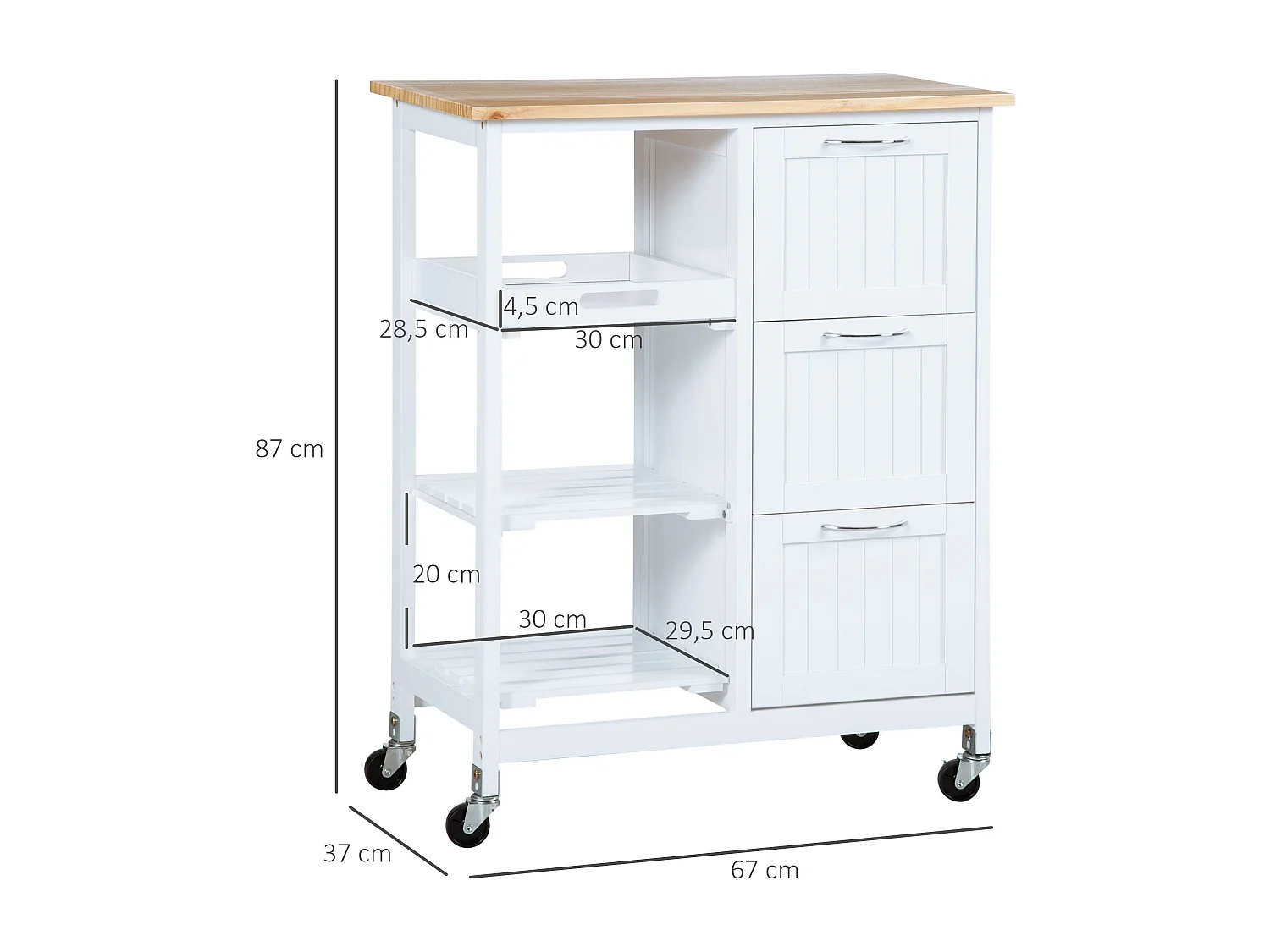Desserte de cuisine à roulettes avec 3 tiroirs, 3 étagères, plateau bois, MDF blanc (67x37x84cm)