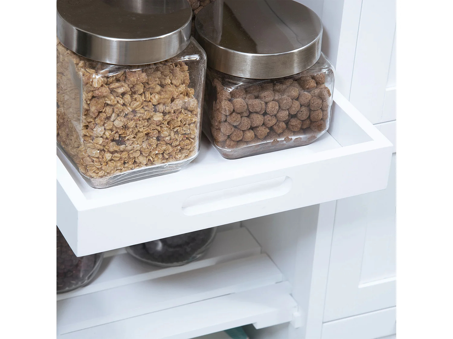 Desserte de cuisine à roulettes avec 3 tiroirs, 3 étagères, plateau bois, MDF blanc (67x37x84cm)