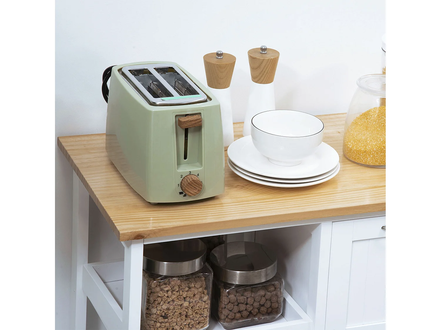 Desserte de cuisine à roulettes avec 3 tiroirs, 3 étagères, plateau bois, MDF blanc (67x37x84cm)