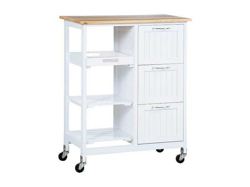 Desserte de cuisine à roulettes avec 3 tiroirs, 3 étagères, plateau bois, MDF blanc (67x37x84cm)