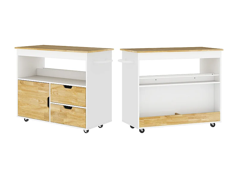 Carrello da cucina con piano di lavoro, 2 cassetti, mobile con anta a chiusura ammortizzata, metallo e legno, carrello con ruote, (107x50x85 cm)