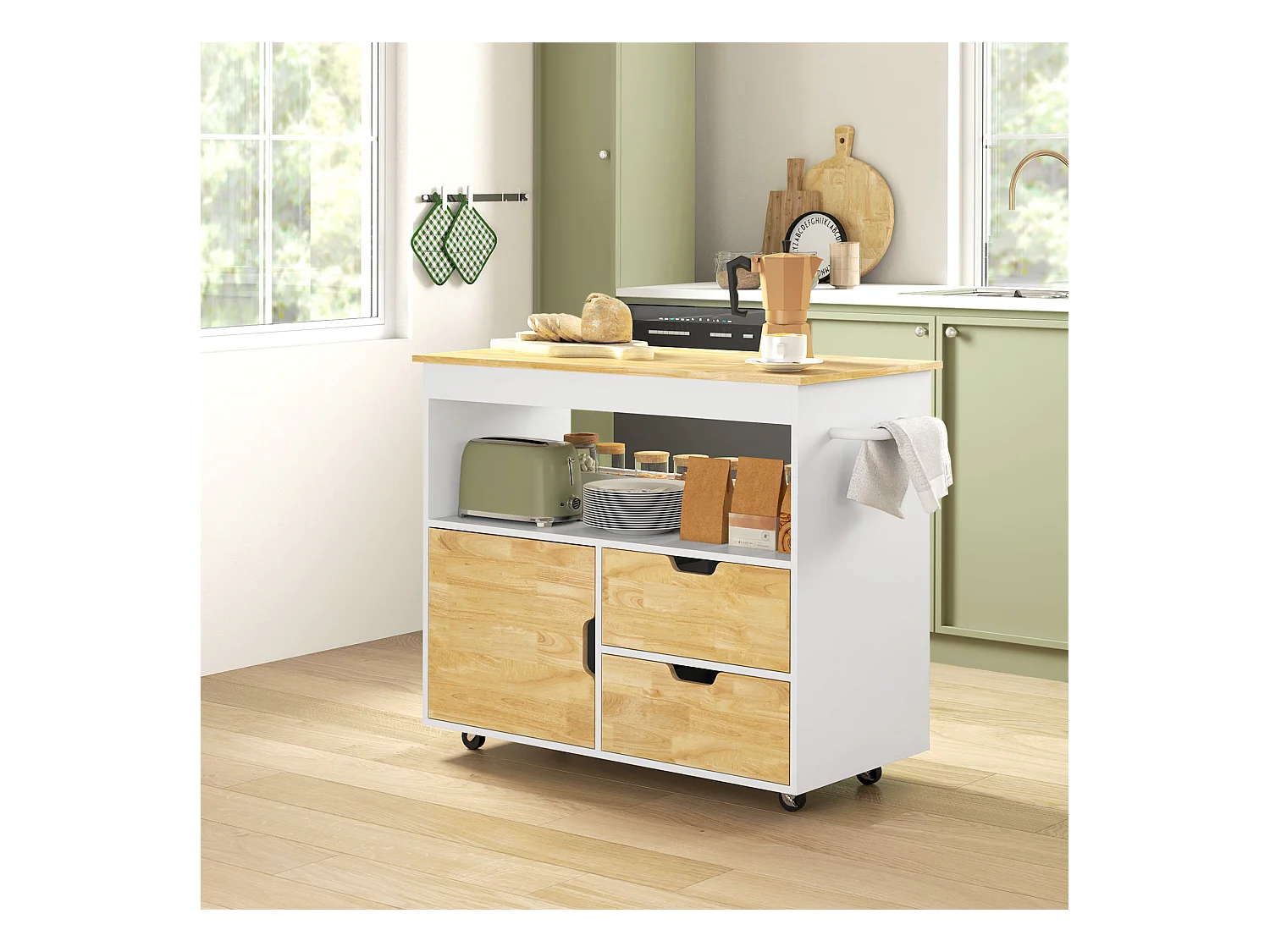 Keukentrolley met werkblad, 2 lades, kast met softclose deur, metaal en hout, roltrolley, (107x50x85 cm)