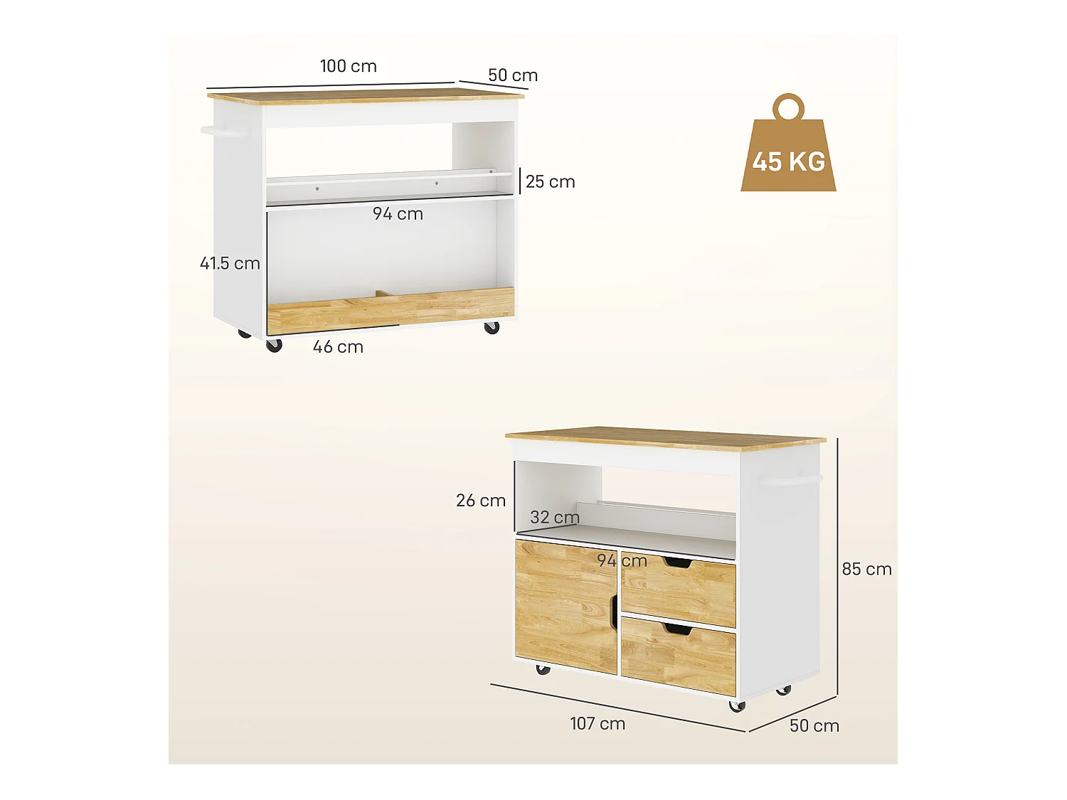 Keukentrolley met werkblad, 2 lades, kast met softclose deur, metaal en hout, roltrolley, (107x50x85 cm)