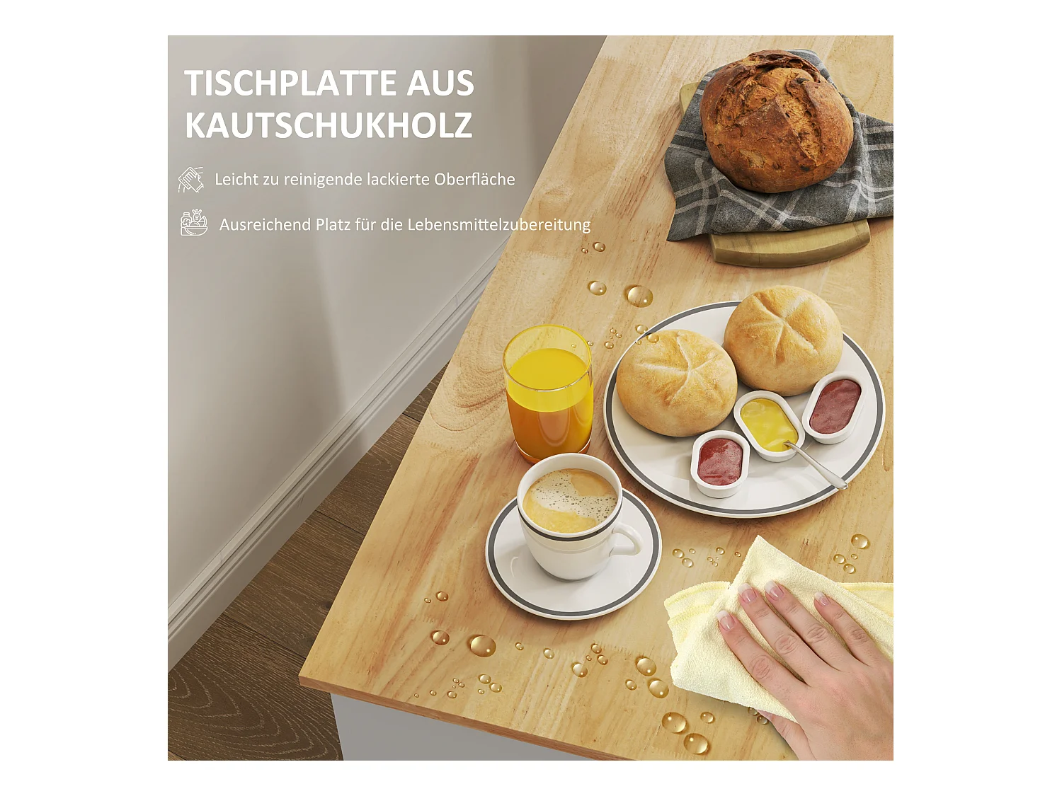 Keukentrolley met werkblad, 2 lades, kast met softclose deur, metaal en hout, roltrolley, (107x50x85 cm)