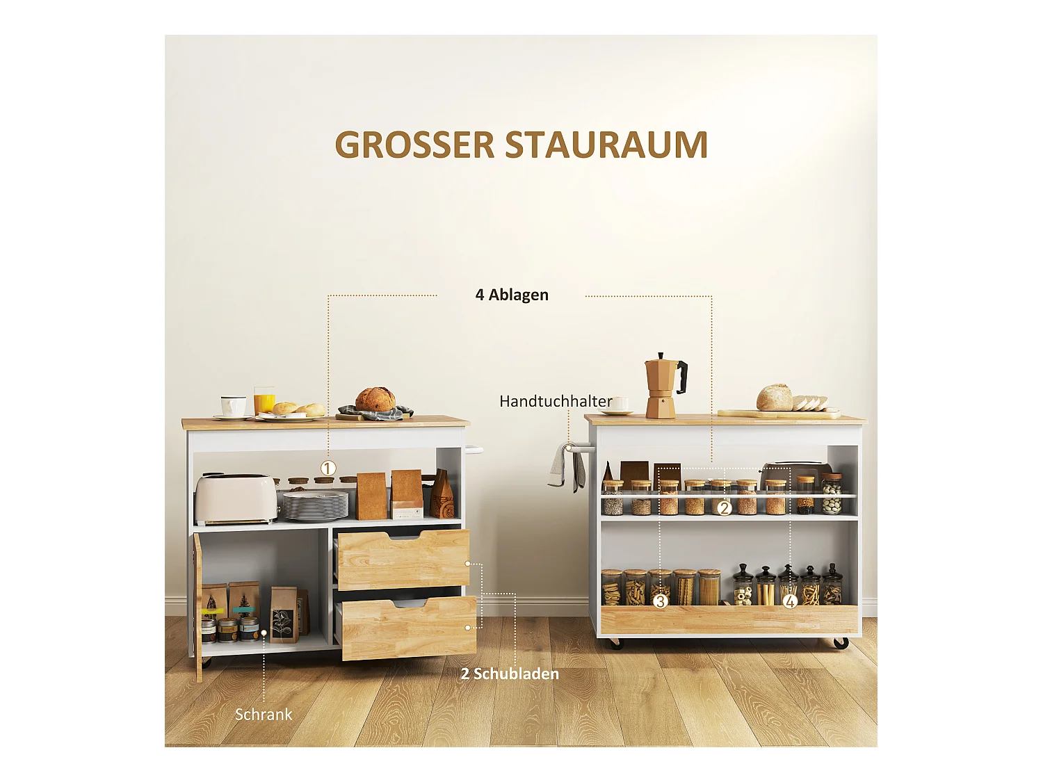 Keukentrolley met werkblad, 2 lades, kast met softclose deur, metaal en hout, roltrolley, (107x50x85 cm)