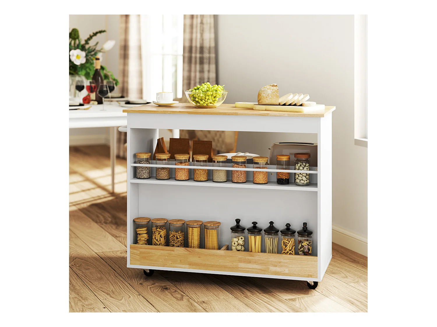 Keukentrolley met werkblad, 2 lades, kast met softclose deur, metaal en hout, roltrolley, (107x50x85 cm)