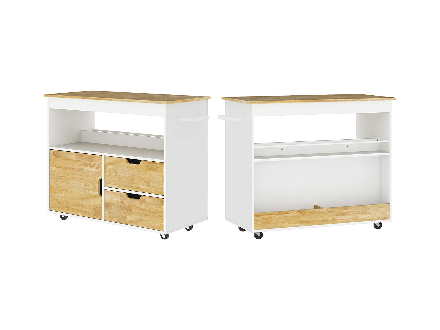 Carrello da cucina con piano di lavoro, 2 cassetti, mobile con anta a chiusura ammortizzata, metallo e legno, carrello con ruote, (107x50x85 cm)