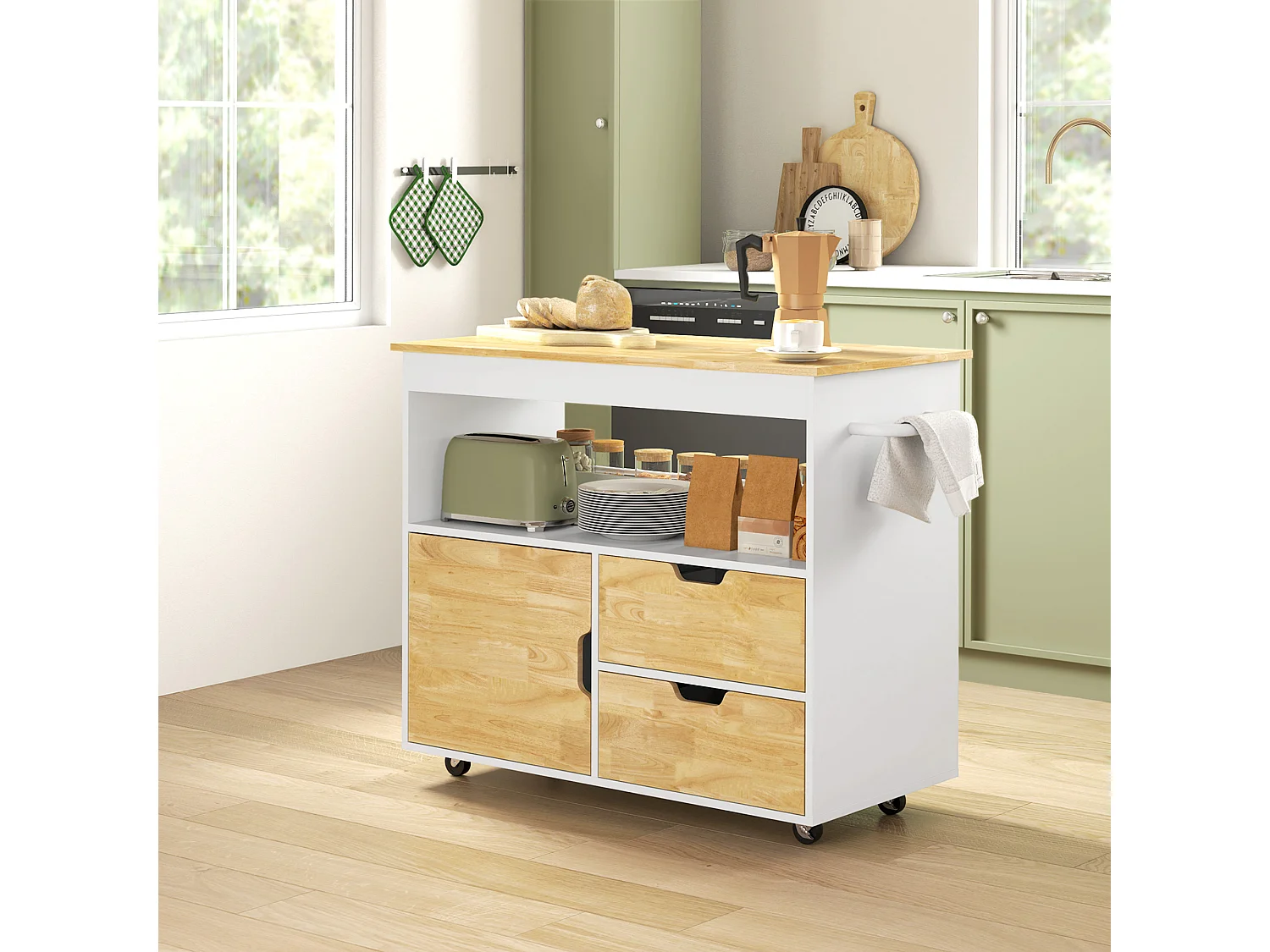 Chariot de Cuisine avec Plan de Travail, 2 Tiroirs, Armoire avec Porte Soft-Close, Métal et Bois, Chariot à Roulettes, (107x50x85 cm)