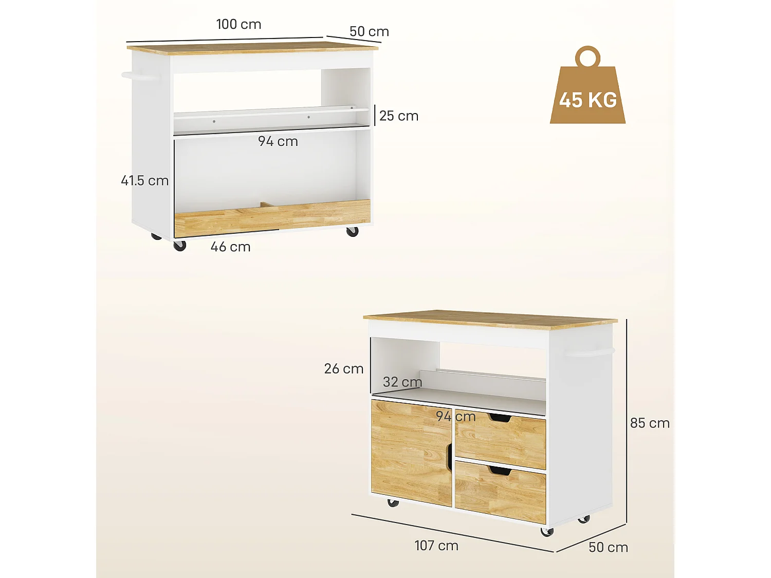 Chariot de Cuisine avec Plan de Travail, 2 Tiroirs, Armoire avec Porte Soft-Close, Métal et Bois, Chariot à Roulettes, (107x50x85 cm)