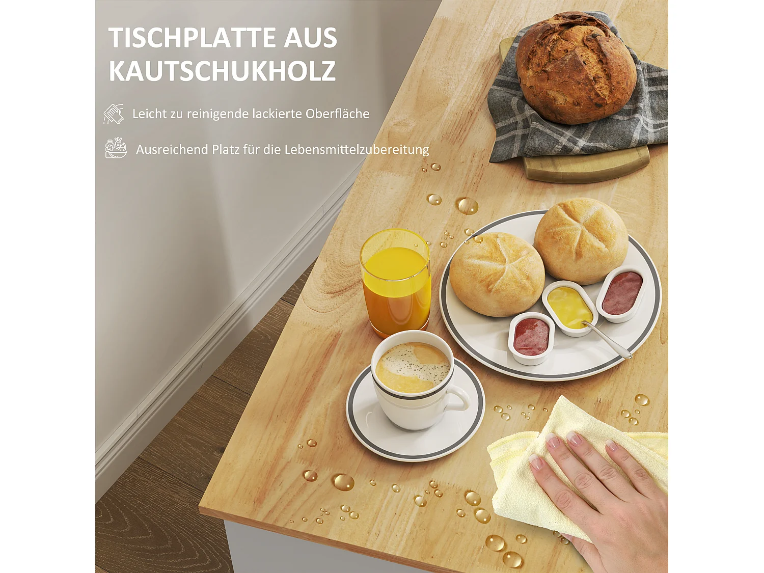 Chariot de Cuisine avec Plan de Travail, 2 Tiroirs, Armoire avec Porte Soft-Close, Métal et Bois, Chariot à Roulettes, (107x50x85 cm)