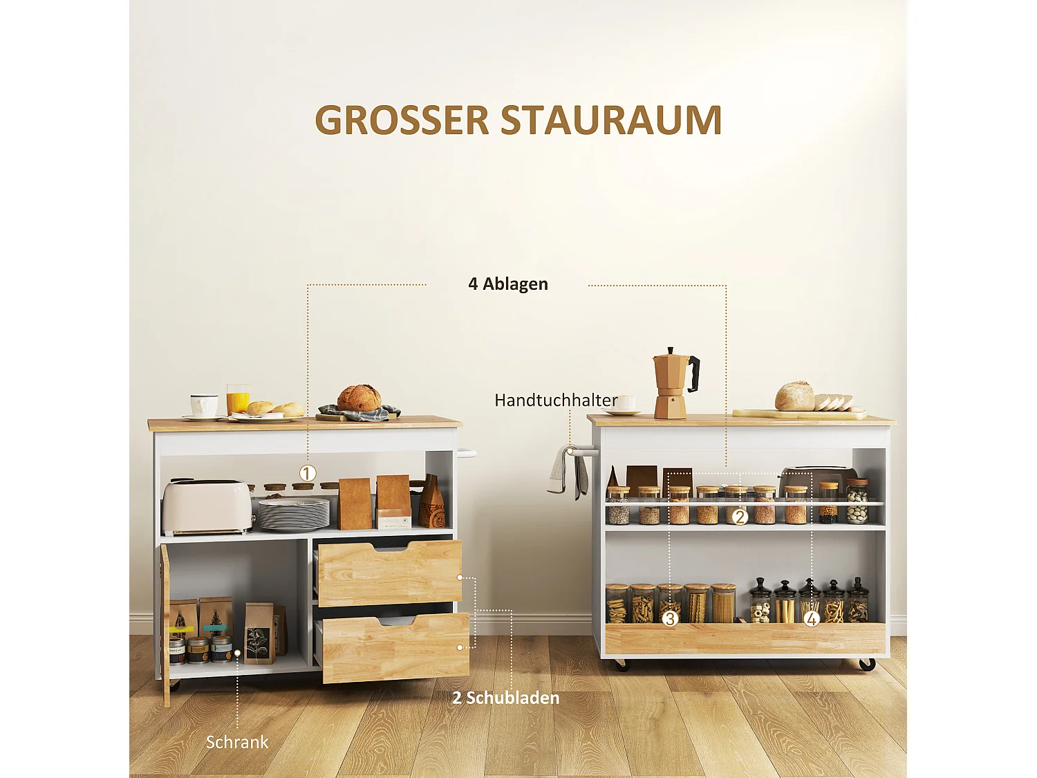 Chariot de Cuisine avec Plan de Travail, 2 Tiroirs, Armoire avec Porte Soft-Close, Métal et Bois, Chariot à Roulettes, (107x50x85 cm)