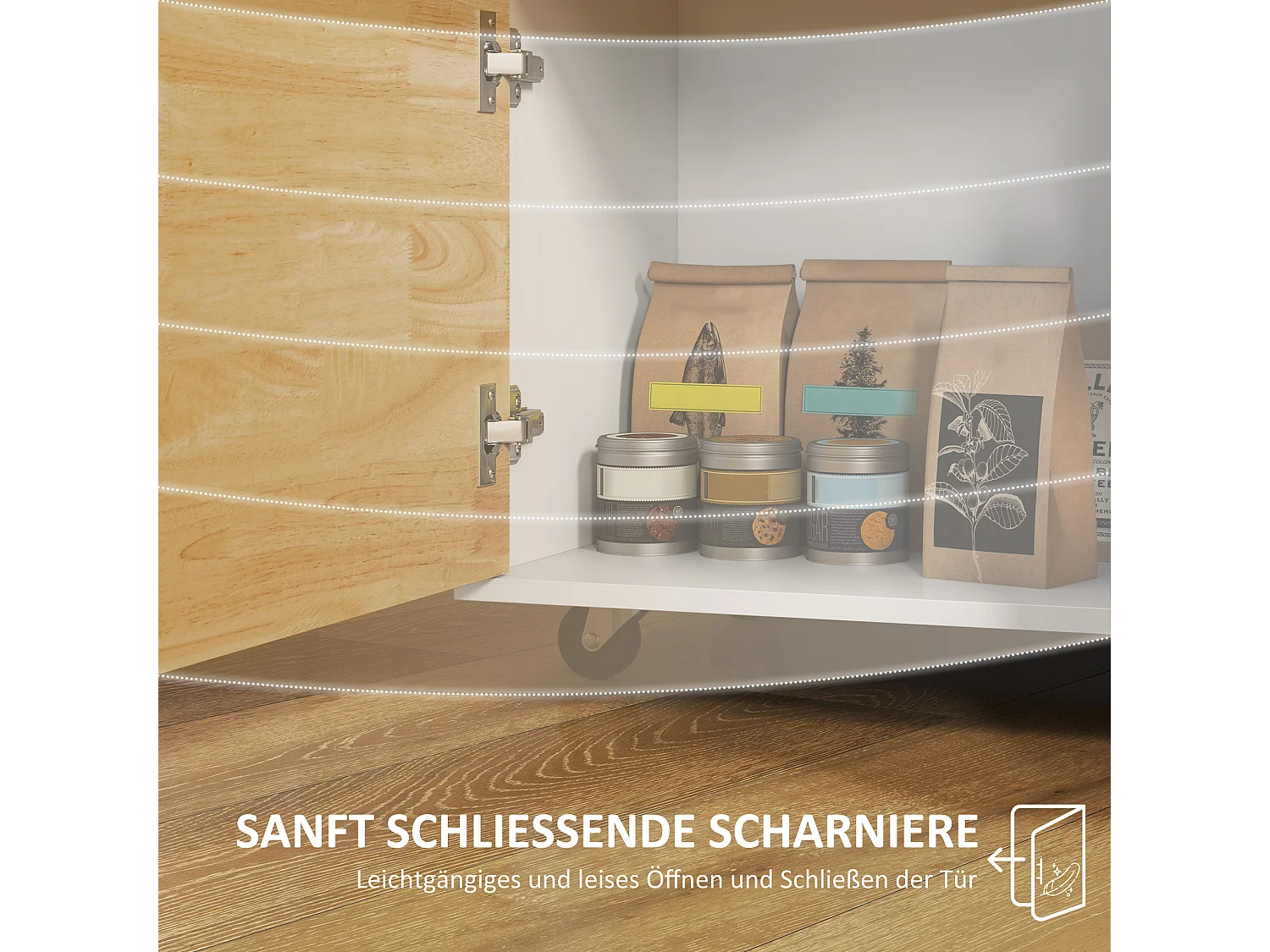 Chariot de Cuisine avec Plan de Travail, 2 Tiroirs, Armoire avec Porte Soft-Close, Métal et Bois, Chariot à Roulettes, (107x50x85 cm)