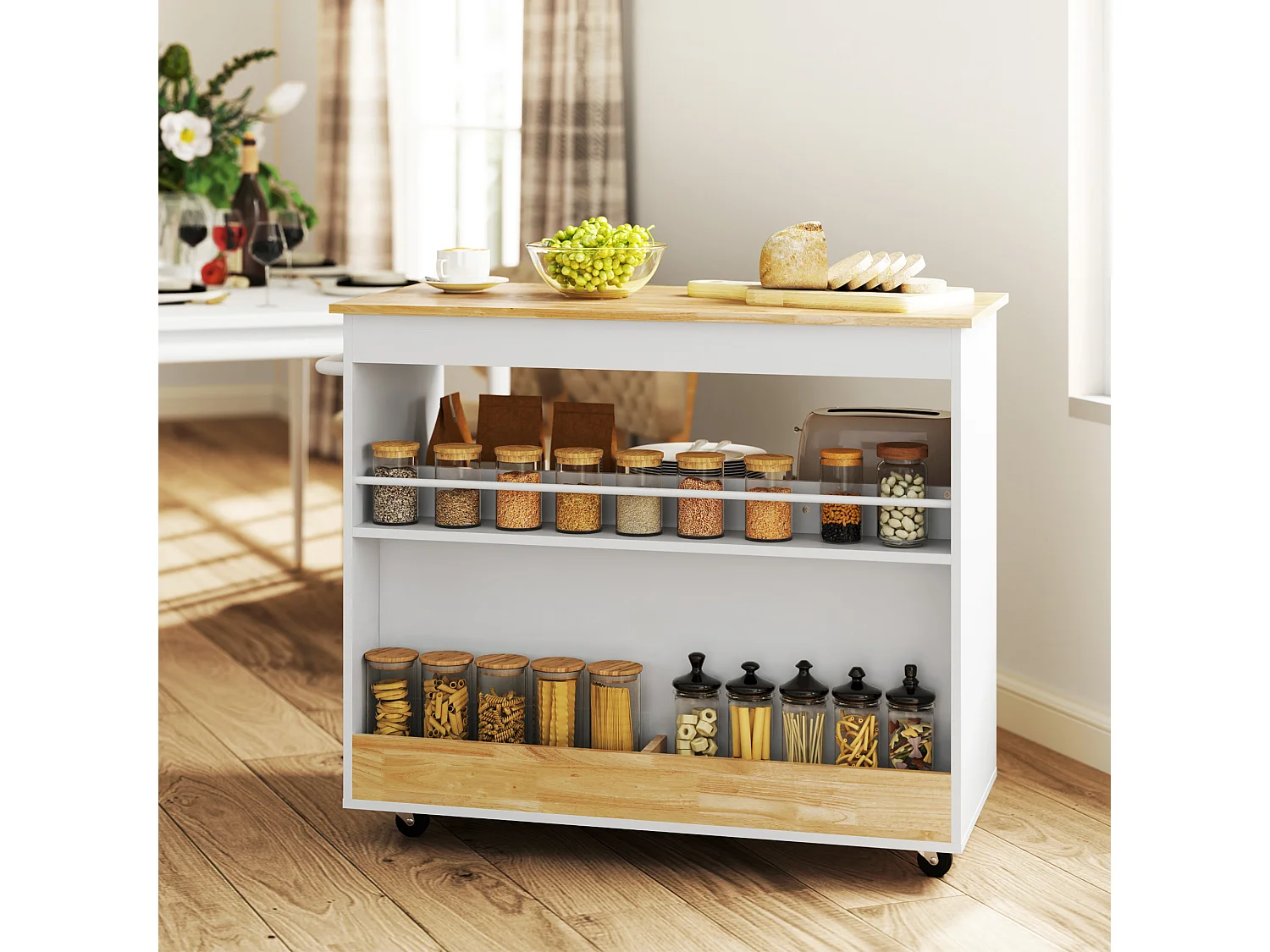 Chariot de Cuisine avec Plan de Travail, 2 Tiroirs, Armoire avec Porte Soft-Close, Métal et Bois, Chariot à Roulettes, (107x50x85 cm)