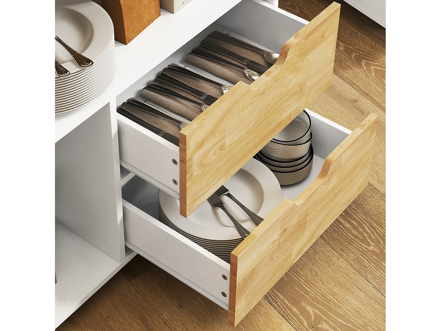 Chariot de Cuisine avec Plan de Travail, 2 Tiroirs, Armoire avec Porte Soft-Close, Métal et Bois, Chariot à Roulettes, (107x50x85 cm)