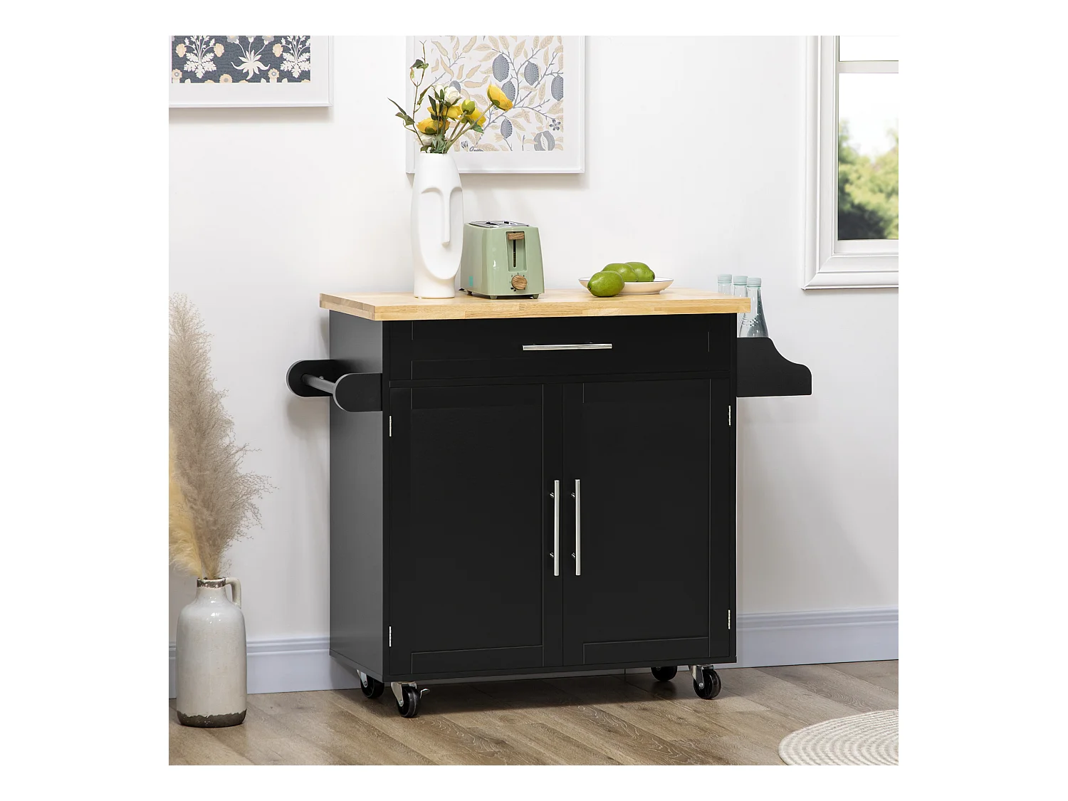 Desserte de cuisine avec plan de travail, étagère réglable, porte-serviettes, bois noir (109x40x89cm)