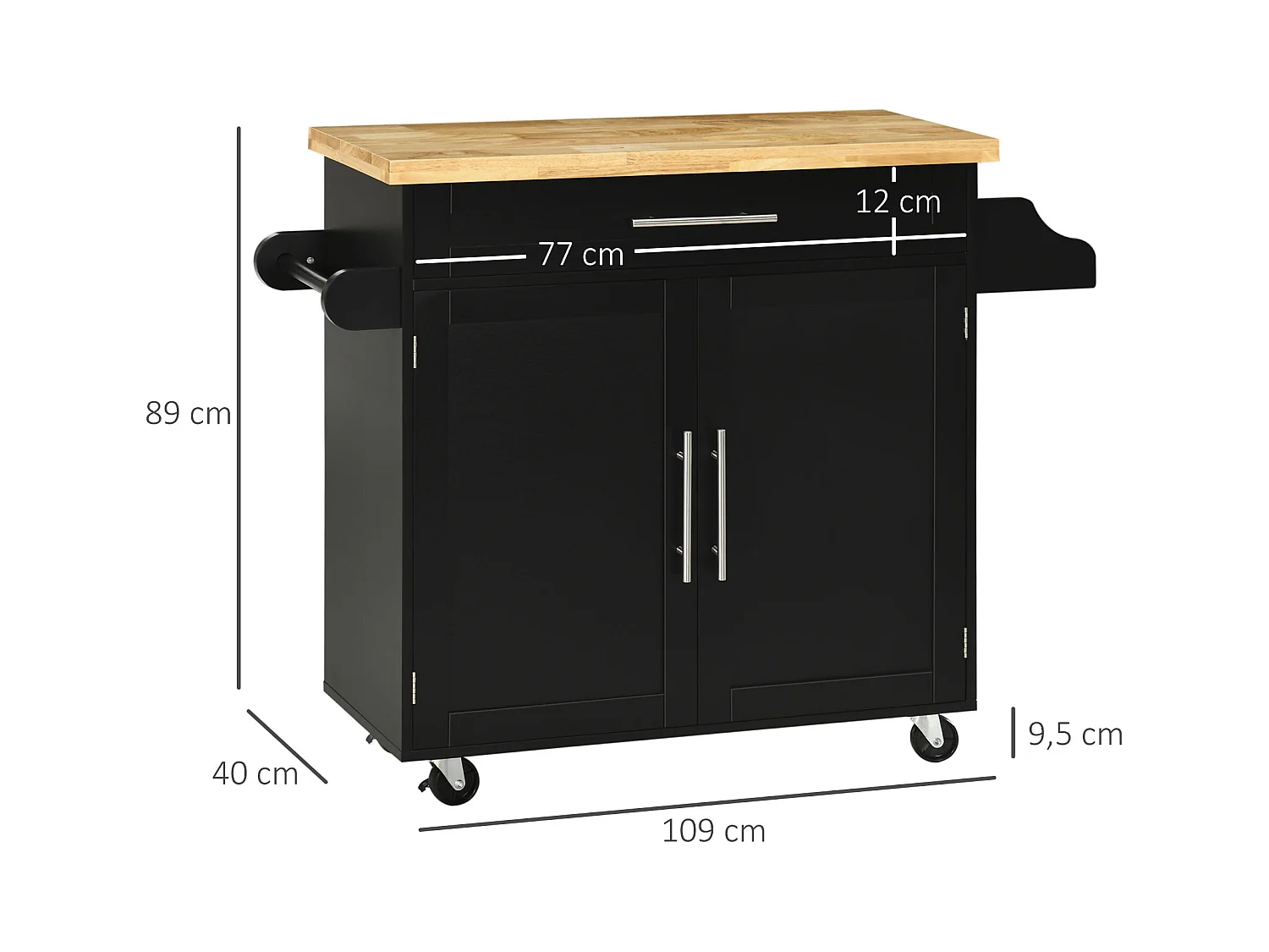 Desserte de cuisine avec plan de travail, étagère réglable, porte-serviettes, bois noir (109x40x89cm)