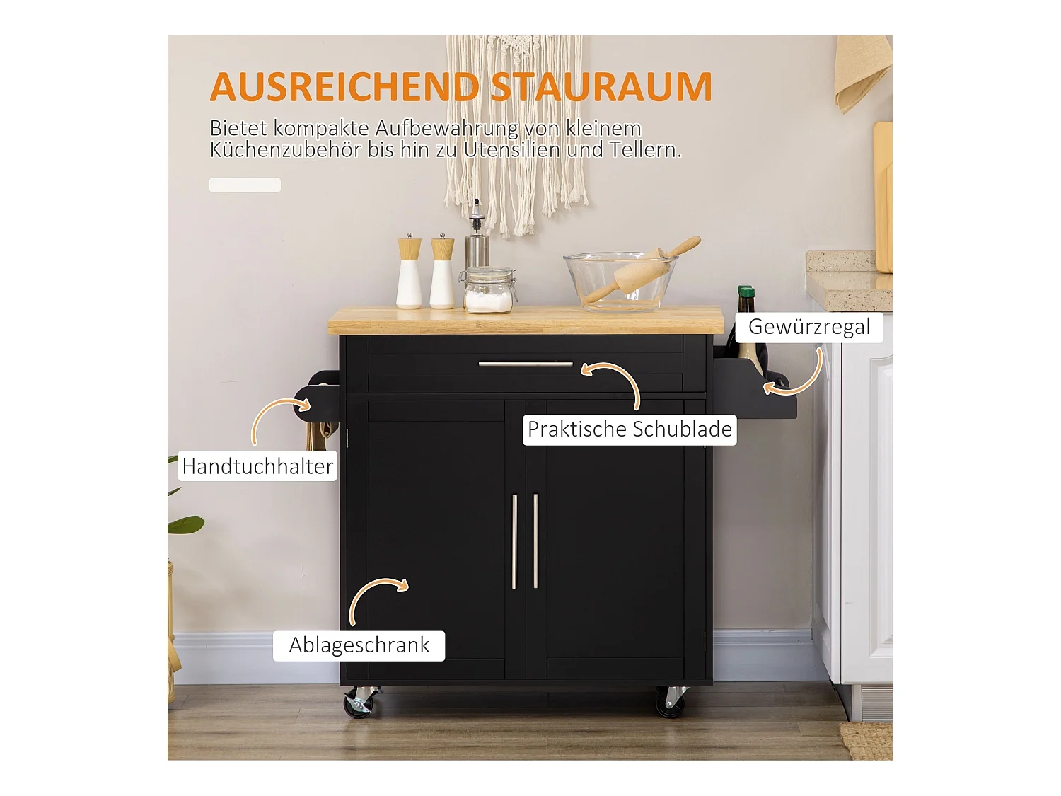 Desserte de cuisine avec plan de travail, étagère réglable, porte-serviettes, bois noir (109x40x89cm)