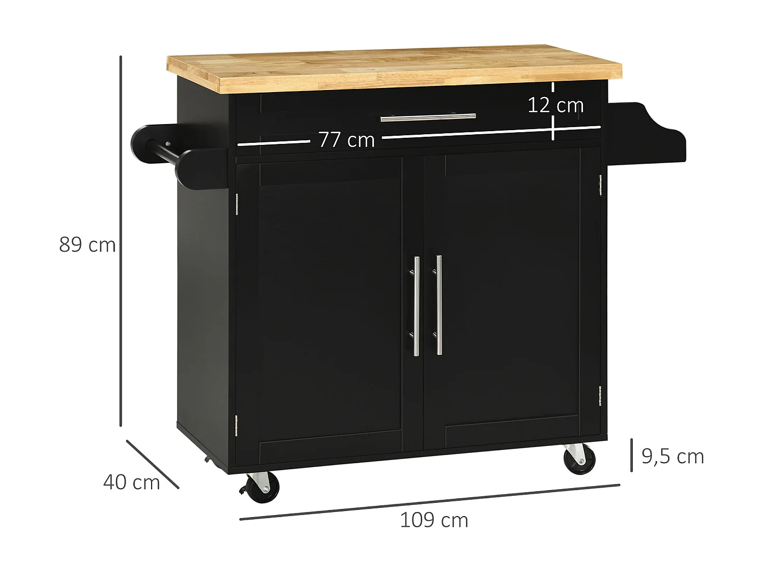 Desserte de cuisine avec plan de travail, étagère réglable, porte-serviettes, bois noir (109x40x89cm)