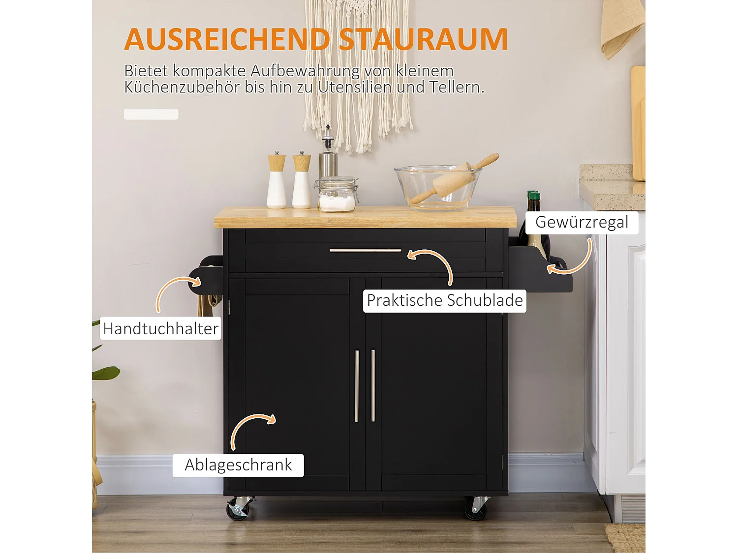 Desserte de cuisine avec plan de travail, étagère réglable, porte-serviettes, bois noir (109x40x89cm)