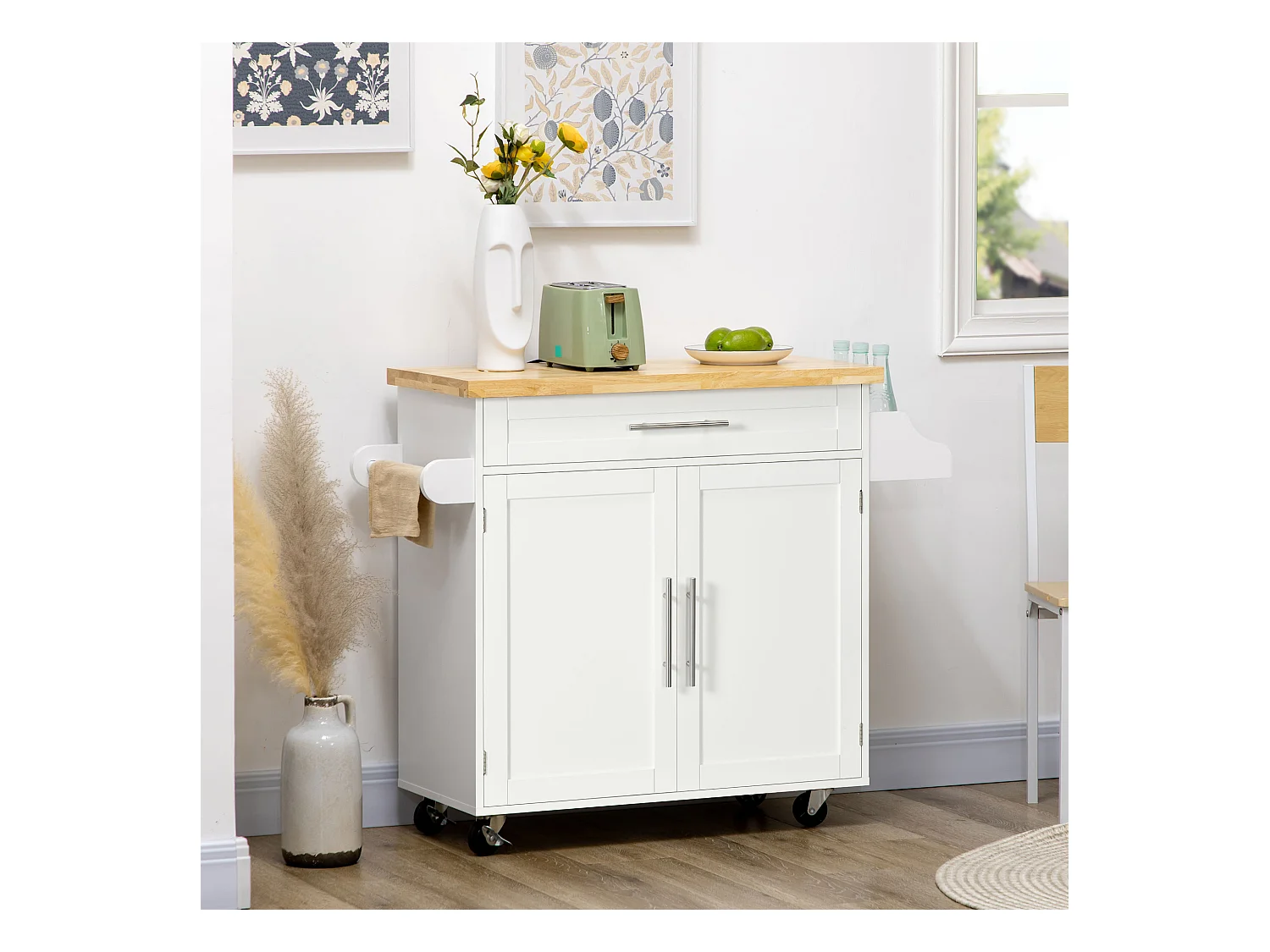 Carrito de cocina móvil con encimera, estante regulable, MDF blanco (109x40x89cm)