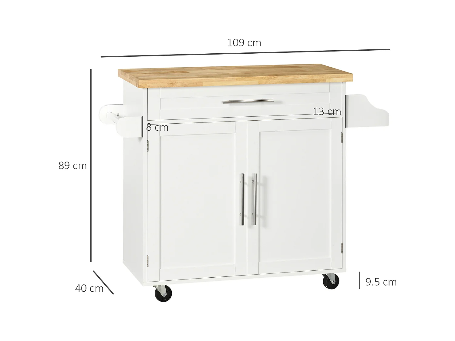 Carrito de cocina móvil con encimera, estante regulable, MDF blanco (109x40x89cm)