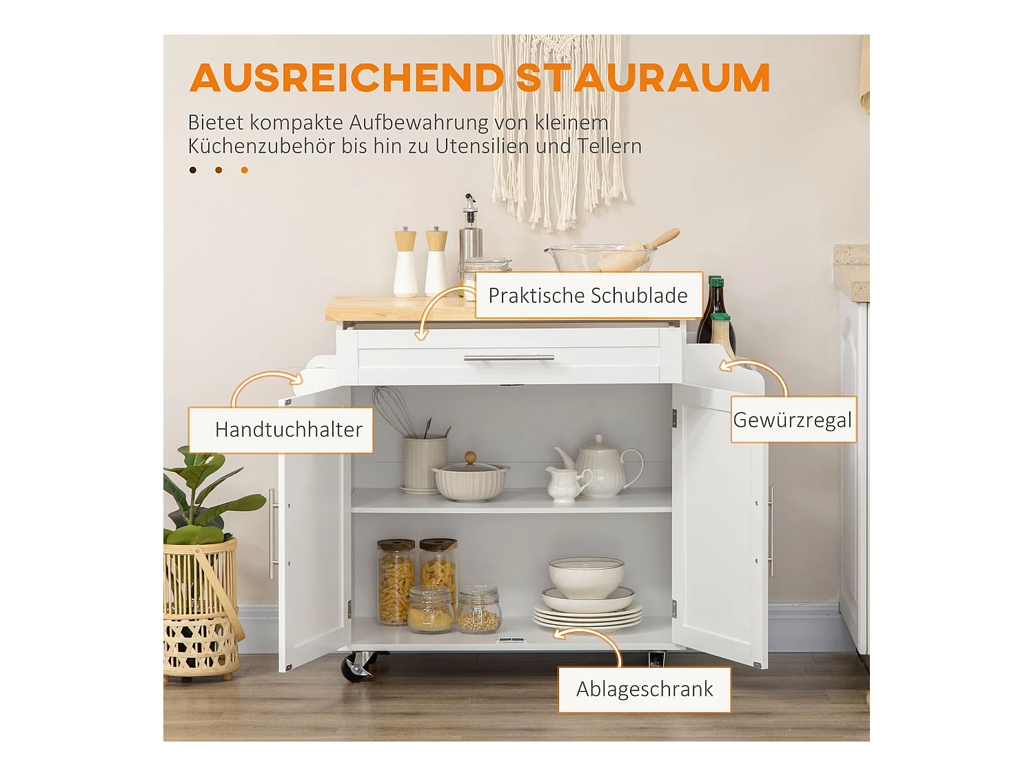 Carrito de cocina móvil con encimera, estante regulable, MDF blanco (109x40x89cm)