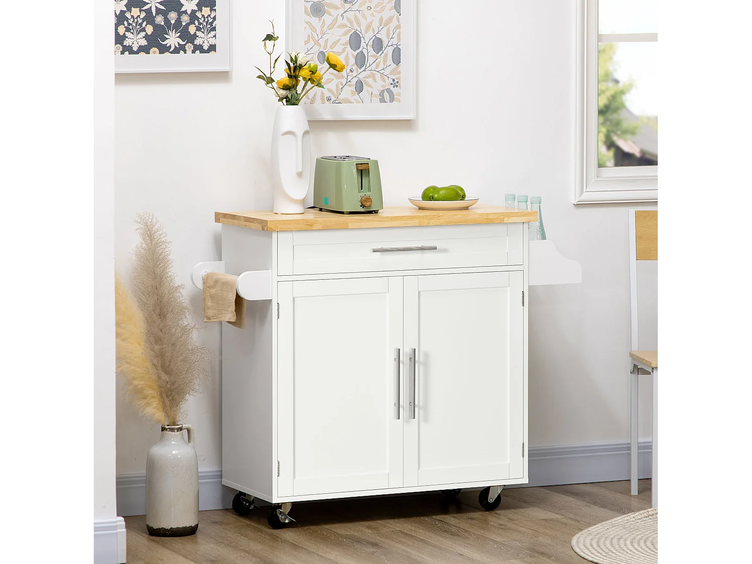 Desserte de cuisine mobile avec plan de travail, étagère réglable, MDF blanc (109x40x89cm)