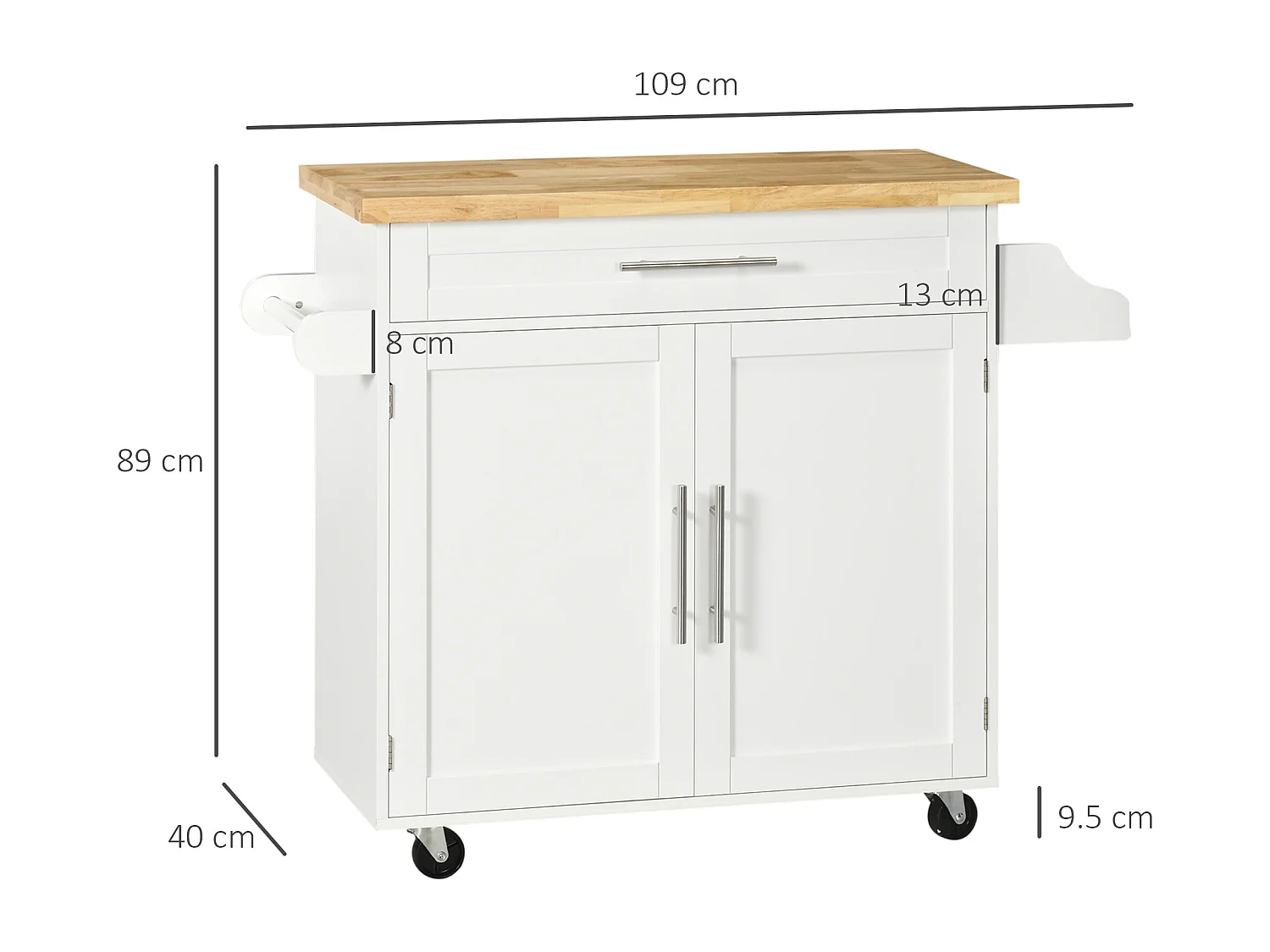 Desserte de cuisine mobile avec plan de travail, étagère réglable, MDF blanc (109x40x89cm)