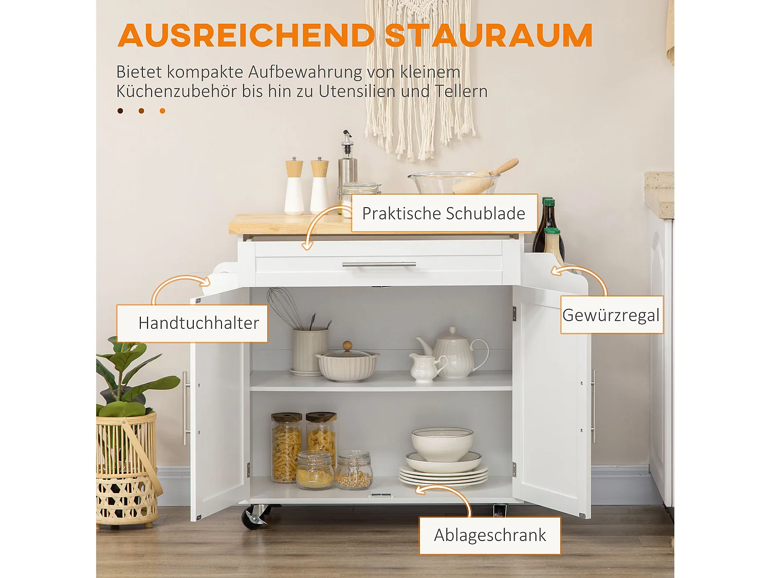 Desserte de cuisine mobile avec plan de travail, étagère réglable, MDF blanc (109x40x89cm)