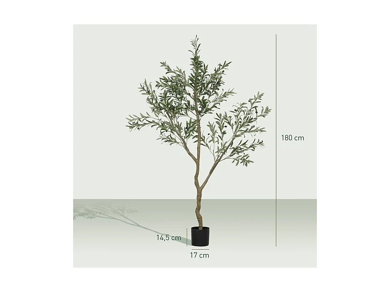 Kunst olijfboom 180 cm, potplant, kunststof, groen, met kunstmos en gras (17x17x180 cm)