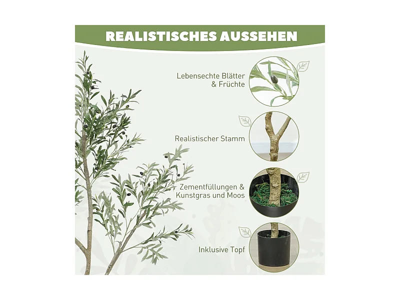 Kunst olijfboom 180 cm, potplant, kunststof, groen, met kunstmos en gras (17x17x180 cm)