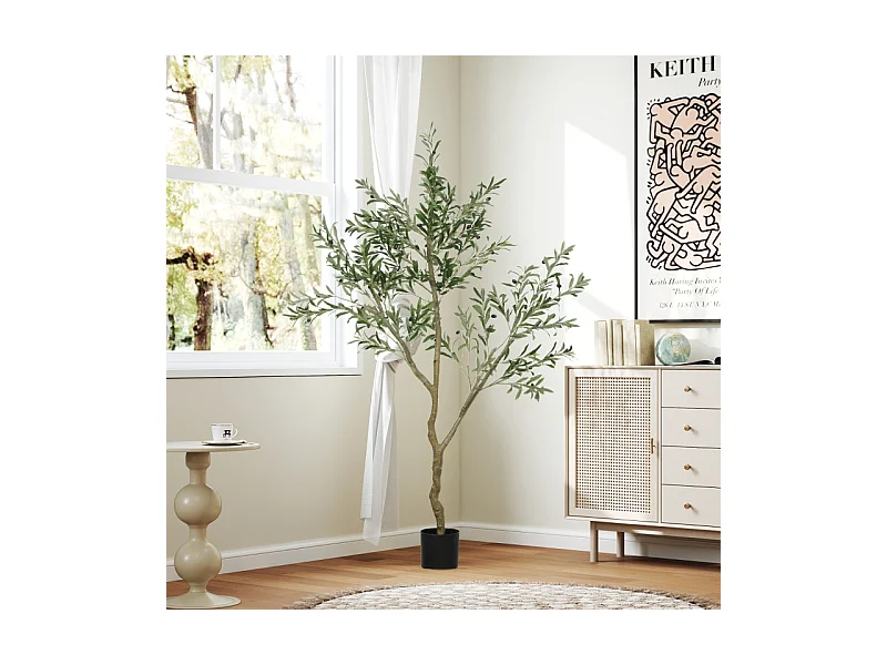 Kunst olijfboom 180 cm, potplant, kunststof, groen, met kunstmos en gras (17x17x180 cm)
