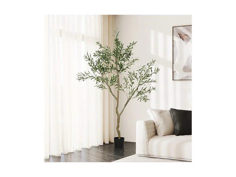 Kunst olijfboom 180 cm, potplant, kunststof, groen, met kunstmos en gras (17x17x180 cm)