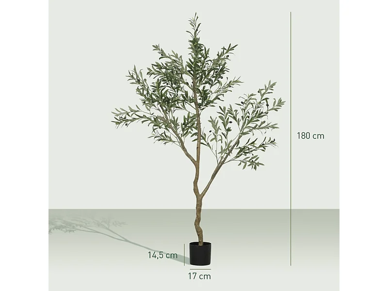 Olivier artificiel 180 cm, plante en pot, plastique, vert, avec mousse et herbe artificielles (17x17x180 cm)