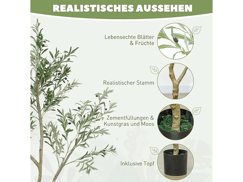 Olivier artificiel 180 cm, plante en pot, plastique, vert, avec mousse et herbe artificielles (17x17x180 cm)