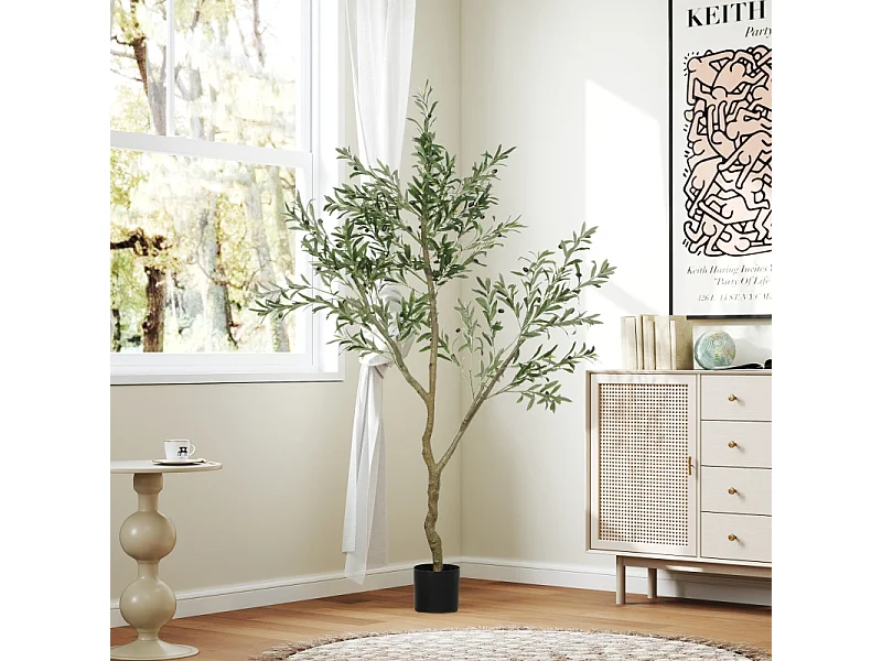 Olivier artificiel 180 cm, plante en pot, plastique, vert, avec mousse et herbe artificielles (17x17x180 cm)