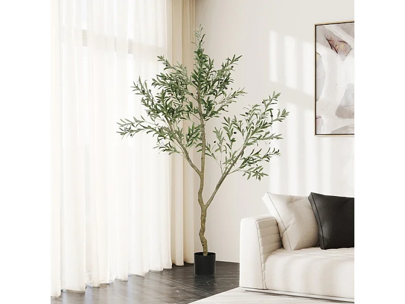 Olivier artificiel 180 cm, plante en pot, plastique, vert, avec mousse et herbe artificielles (17x17x180 cm)