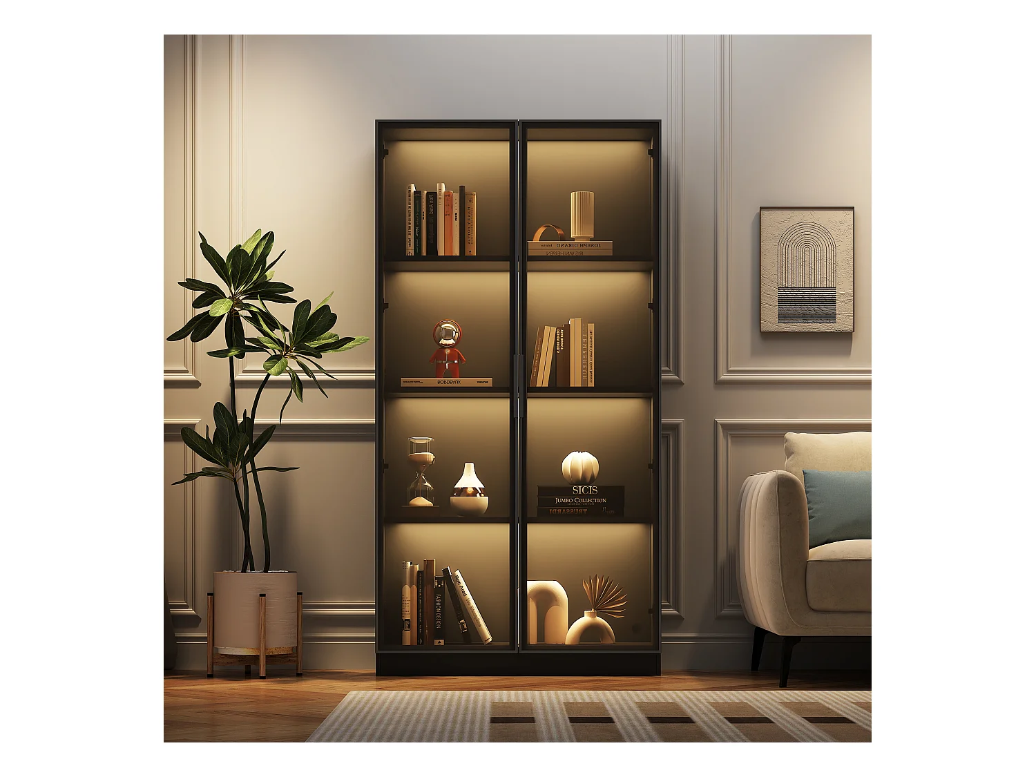 Vitrine en verre avec LED, double portes, étagères ajustables, noir (80x40x160 cm)