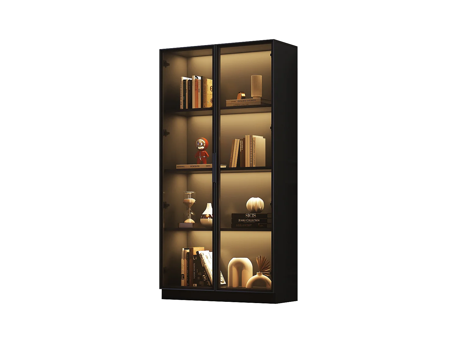 Vitrine en verre avec LED, double portes, étagères ajustables, noir (80x40x160 cm)