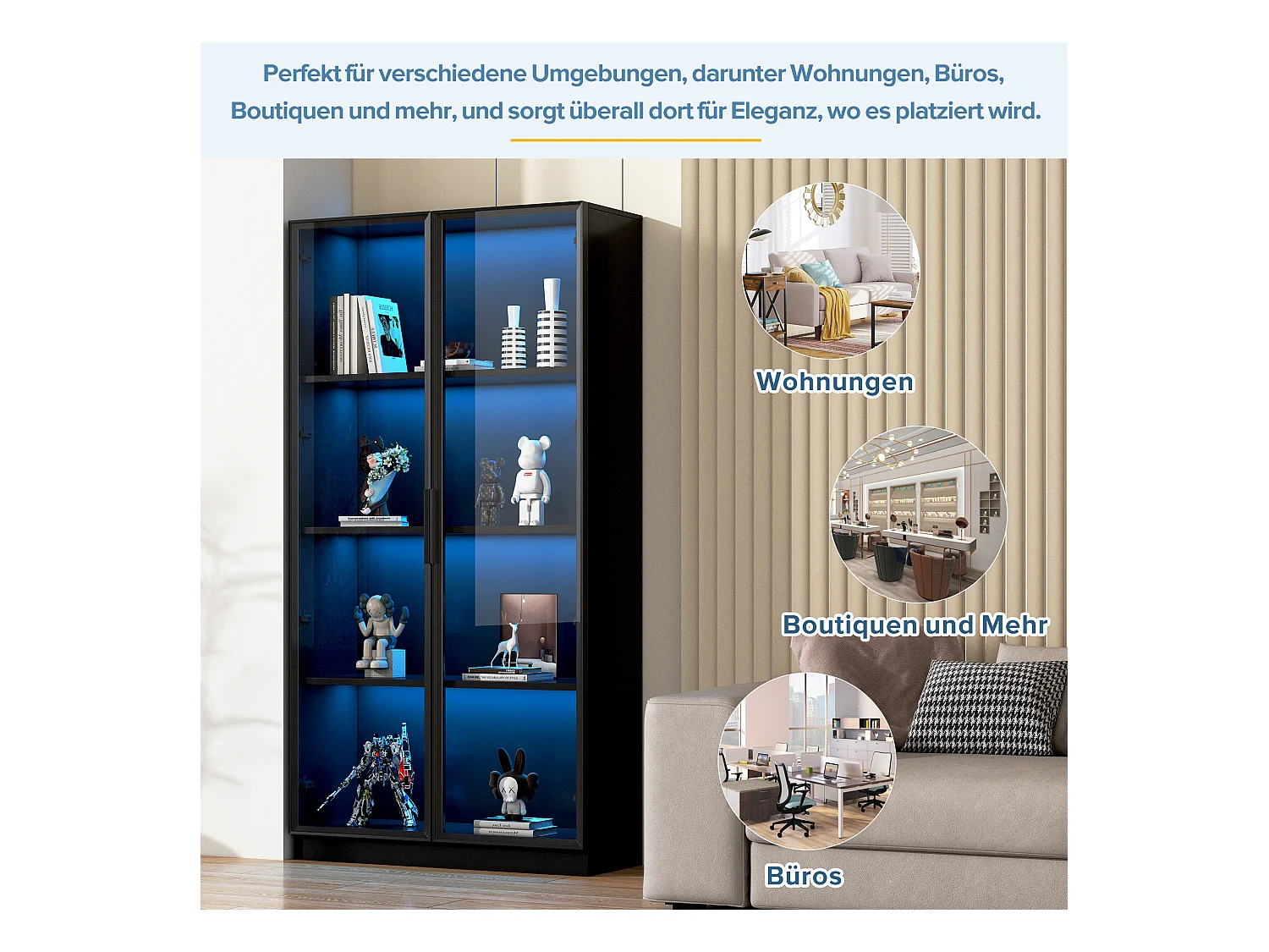 Vitrine en verre avec LED, double portes, étagères ajustables, noir (80x40x160 cm)