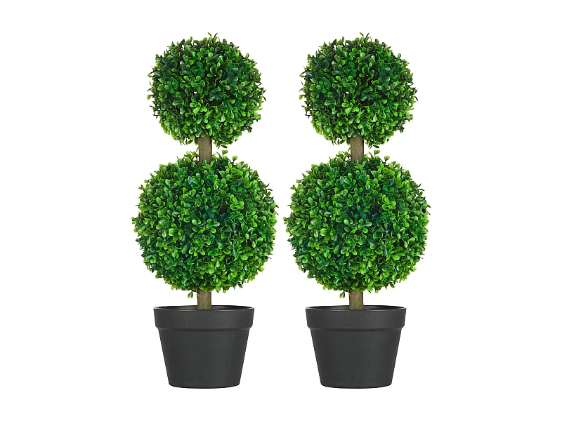 Lot de 2 buis artificiels, résistants aux UV, avec double boule, pour l'intérieur et le jardin, en plastique, vert (17 x 17 x 60 cm)