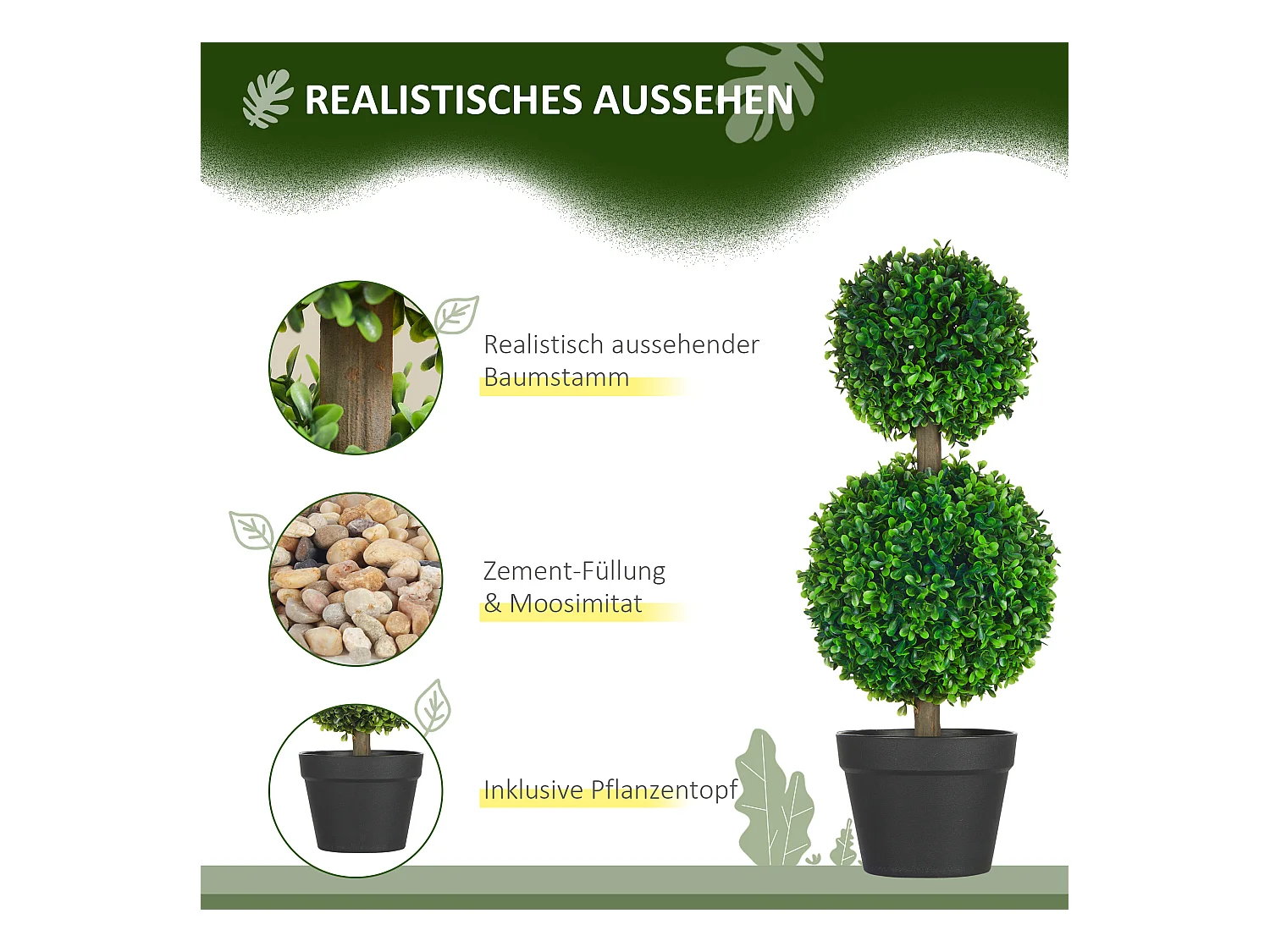 Kunstbuxusplantenset van 2, UV-bestendige kunstplant met dubbele bol, voor binnen en tuin, kunststof, groen (17x17x60 cm)