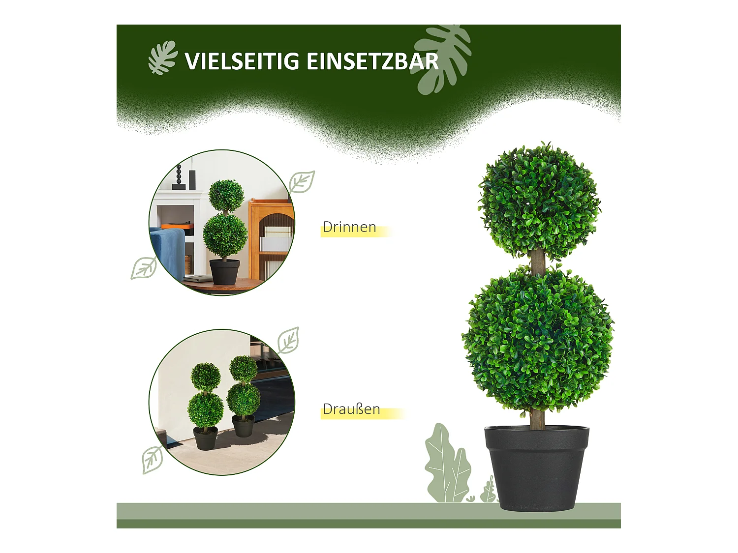 Kunstbuxusplantenset van 2, UV-bestendige kunstplant met dubbele bol, voor binnen en tuin, kunststof, groen (17x17x60 cm)